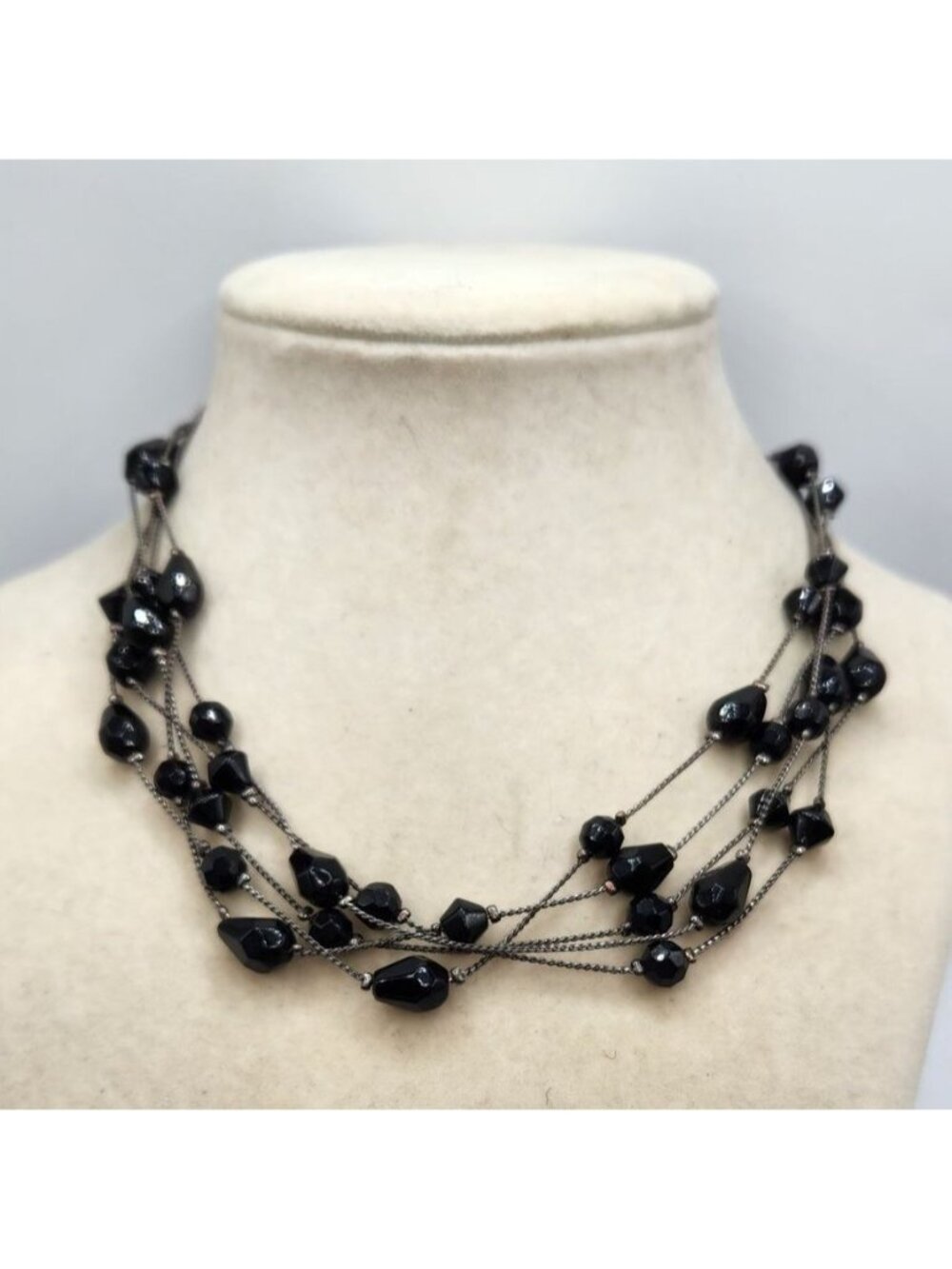 Adjustable Multi Strand Floating Black Glass Faceted Beads Necklace